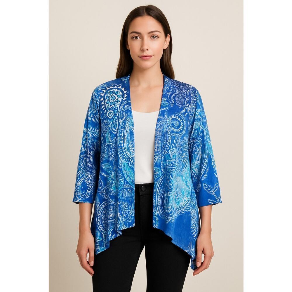Chicos Womens Size L Open Front Cardigan Jacket Blue White Paisley Print Boho